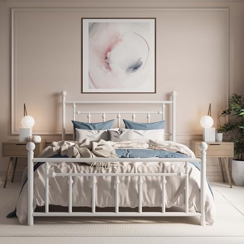 SHA CERLIN 14'' Full Size Metal Platform Bed Frame/Victorian Headboard and Footboard/Steel Slats Mattress Foundation for Storage/No Box Spring Needed/Noise Free/White