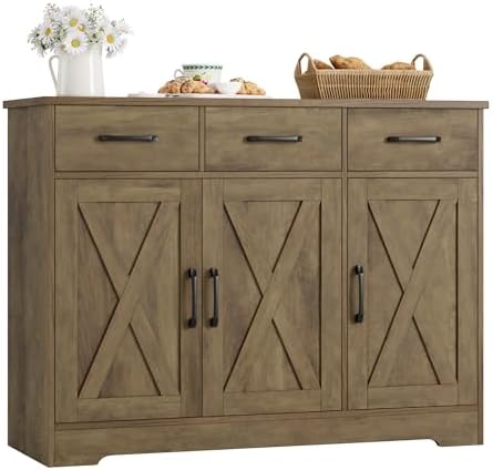 HOSTACK Modern Farmhouse Buffet Sideboard Cabinet, Barn Doors Storage Cabinet with Drawers and Shelves, Wood Coffee Bar Station for Dining Room, Kitchen, Living Room, Rustic Brown
