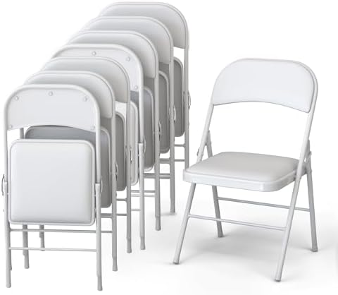 8 Pack Leather Chair | Foldable & Stackable | 350 lbs Capacity Steel Frame Seats for Indoor or Outdoor | Commercial Use Events Wedding Party Events Bulk Picnic Kitchen Dining - White