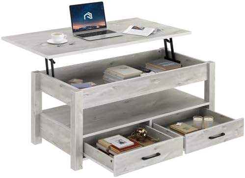 Rolanstar Coffee Table, Lift Top Coffee Table with Drawers and Hidden Compartment, Living Room Table with Wooden Lift Tabletop, for Living Room, Grey