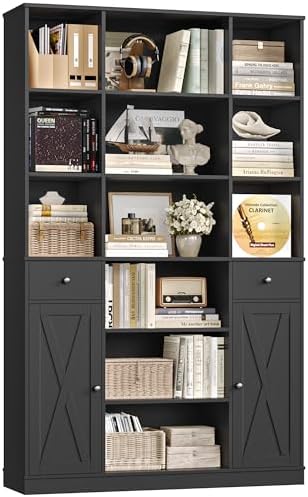 HOSTACK 74" Tall Book Shelf and Bookcase, 45" Wide Bookcase with Doors and Drawers, Modern 6 Tier Bookshelf with Storage, Large Wood Display Cabinet with Adjustable Shelves for Home Office, Black