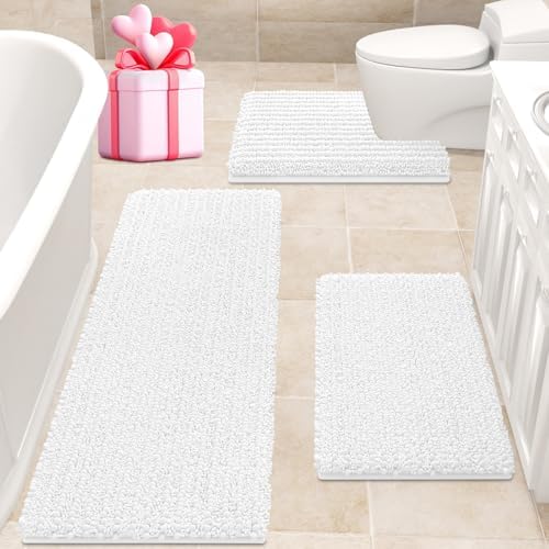 ACCUMTEK Upgrade Extra Large White Bathroom Rug Set 3 Pieces Ultra Soft, Thick Absorbent Bath Mats, Non Slip Chenille Toilet Mat for Bathroom, Bedroom, Kitchen