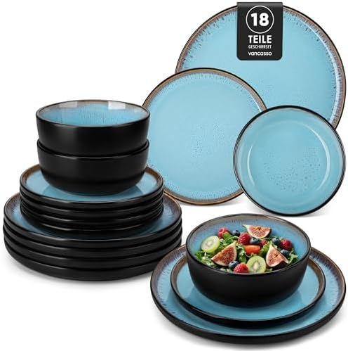 vancasso Plates and Bowls Sets, 18 Pieces Stoneware Dinnerware Sets for 6, Kitchen Dish Set Mircowave and Dishwasher Safe Dinner Set Ceramic Dishware, Sky Blue, Series AMBER