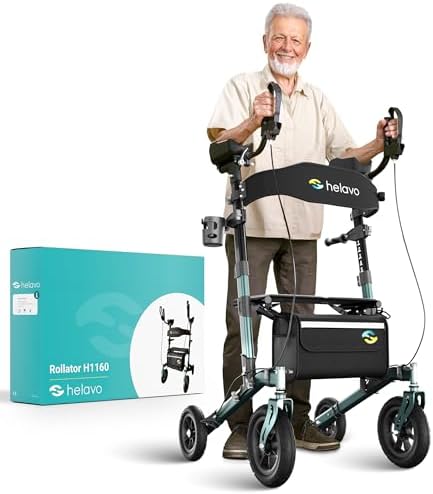 Helavo All Terrain Upright Walker with Flat-Free Solid Rubber Tires - Outdoor Stand Up Walker for Seniors - Tall Standing Rollator with Seat