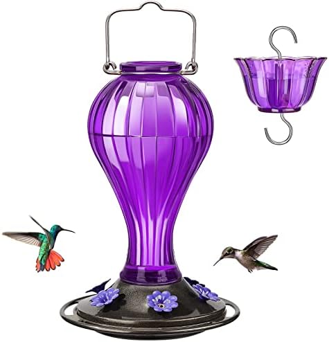 Kingsyard Glass Hummingbird Feeder 24 Ounces, 6 Feeding Ports, Hanging Bird Nectar Feeder for Outdoors Garden Yard Décor, Ant Moat Included, Purple