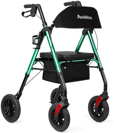 Amblisss Walkers for Seniors with Seat, Foldable Rollator Walkers, 300 lbs Weight Capacity, 8" Wheels Dual Height Ajustable, Rolling Walker with Seat for All-Terrain, Green