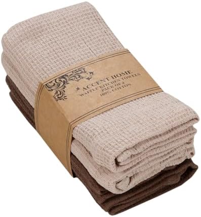 ACCENTHOME 100% Cotton Waffle Weave Kitchen Towel Set of 4 Super Soft Absorbent Tea Towels | Durable Cleaning Dish Cloths Perfect for Mess & Quick Drying Dishes Rags 18x26 inches in Beige & Brown