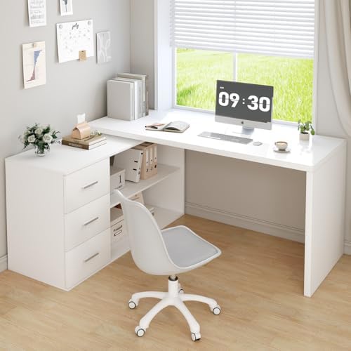 HSH White L Shaped Desk with Drawers Shelves, Corner Home Office Desk L Shape with Storage Cabinet, Large Wood Computer Desk for PC Executive Work Writing Study, Modern Living Room Bedroom Table,60 In