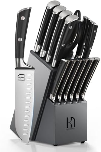 Premium Knife Set 15 Pcs Quality Kitchen Knife Set with Block, Japanese High Carbon Stainless Steel Razor Sharp Knife Block Set, Acacia Wood Block Knife Set with Ergonomic Full-tang Handle