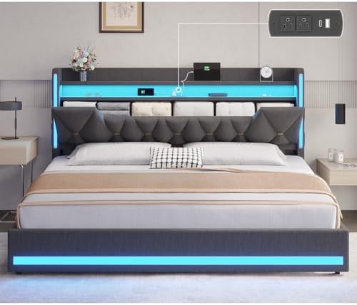 King Size Bed Frame with LED Lights & Charging Station, LED King Bed with Hidden Space and 2-Tier Shelves, Upholstered Metal Bed Frame with Headboard, No Box Spring Needed, Dark Gray, Linen