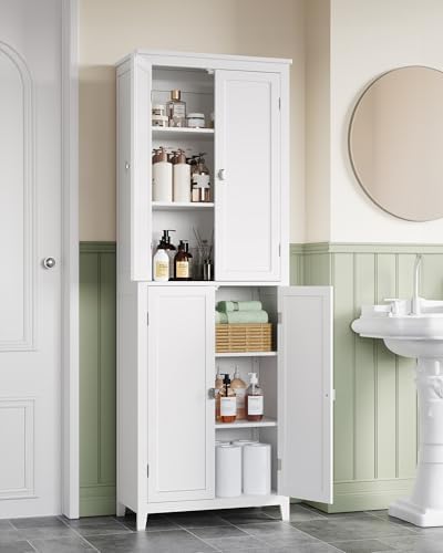 VASAGLE Floor Storage Cabinet, Freestanding Storage Unit with 4 Doors, Adjustable Shelves, 11.8 x 23.6 x 66.9 Inches, for Entryway, Bathroom, Cloud White UBBC550W01