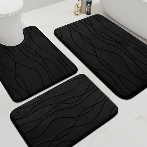 YIHOUSE Memory Foam Black Bathroom Rug Sets 3 Piece, Ultra Absorbent Bath Mat for Bathroom - Non-Slip Machine Washable & Dry Quickly, 3 Piece Bathroom Mat Set, Black