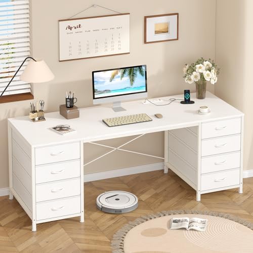 60 Inch Computer Desk with 8 Drawers, Home Office Desk with Power Outlets, Work Study Gaming Desk with 8 Fabric Drawers, White