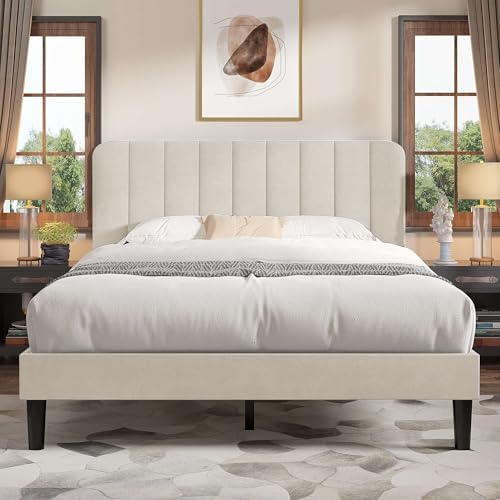 VECELO Queen Size Bed Frame with Upholstered Headboard, Velvet Platform Bedframe Mattress Foundation, Strong Wood Slat Support, No Box Spring Needed,Velvet Beige