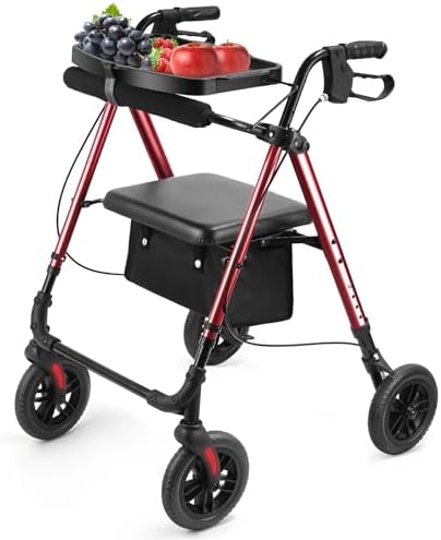 Amblisss Rollator Walker for Seniors with Seat, 300 lbs Weight Capacity, 8" Wheels Dual Height Ajustable, Walkers for Seniors with Tray, Handles Brake Rollator Walker with Seat for All-Terrain (Red)