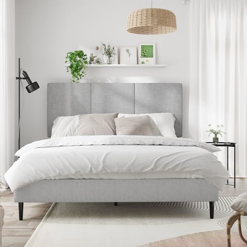 Full Size Bed Frame with Headboard, Vertical Channel Fabric Heavy Duty Full Size Bed Frame, No Springs Required, Easy to Assemble, Metal Platform Bed Frame, Grey