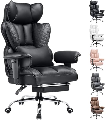 COMHOMA Big and Tall Office Chair 400LBS Wide Ergonomic Gaming Chair with Deluxe Embossing Leather with Foot Rest 150°Reclining Adjustable Armrests Pocket Spring Back Support and Without Pillow