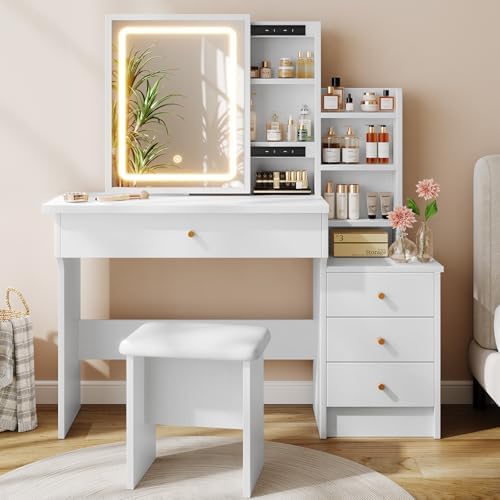 Vanity Desk with Mirror and Lights, Makeup Vanity with 3 Adjustable Lighting Modes, Small Vanity Desk with Sliding Mirror, 4 Drawers, 7 Shelves, Vanity Chair for Bedroom White