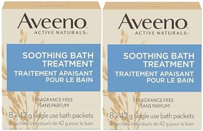 Aveeno Fragrance Free Soothing Bath Treatment, 100% Natural Colloidal Oatmeal, Sensitive Skin Bath Soak for Relief of Dry, Itchy, Irritated Skin Due to Eczema & Hives, Bath Packets, 8 ct. (Pack of 2)