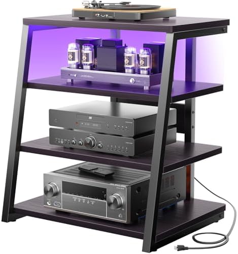 Armocity 4-Tier AV Media Stand with Power Strips, Stereo Stand with LED Lights, Rack Audio Tower with Adjustable Shelves, Small Entertainment Center, 30'', Black Ebony