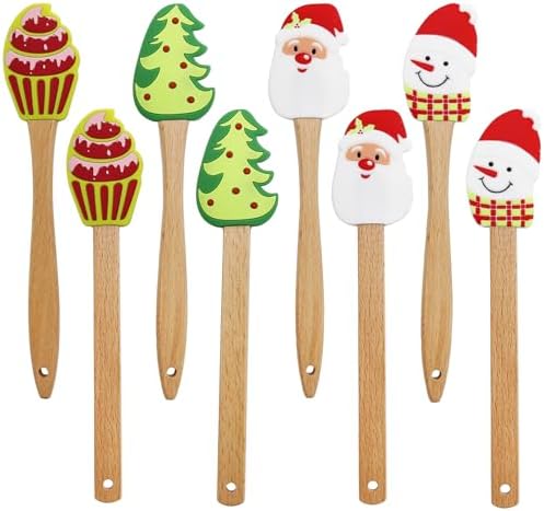 8PC Christmas Silicone Spatula Set - Santa Design Wood Handle for Baking, Cake Decor, Cooking Non-Scratch Xmas Dish Scrapers, Holiday Kitchen Gift for Bakers