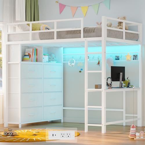 ADORNEVE Twin Size Loft Bed with Desk and 8 Storage Drawers, Metal Kids Loft Bed Twin with LED Lights & Charging Sation, Storage Shelves, 13.1" H Safety Guard & Ladder, No Box Spring Needed, White