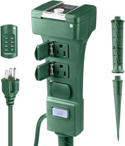 Outdoor Power Stake Timer, 24 Hour Light Timers with Remote Control, 6 Outlet Countdown Yard Stake Timer for Halloween Christmas Holiday Lights, 6ft Extension Cord, UL Listed