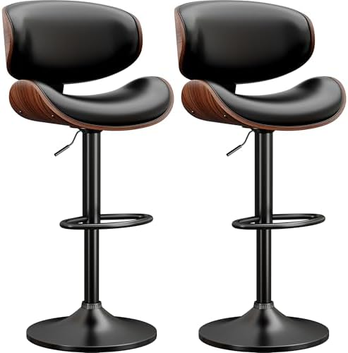 Swivel Bar Stools Set of 2 for Kitchen Counter, Adjustable Bentwood Barstools, Modern PU Leather Upholstered Bar Chair with Back and Footrest, for Bar, Kitchen, Dining Room, Black