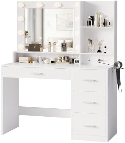 YESHOMY Vanity Desk with Mirror, Power Outlet and 10 Lights, Makeup Table with 4 Drawers, 3 Color Modes Available for Bedroom, Pure White, 39x15.75x59.41 inch