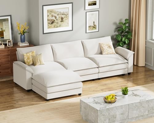 Homall Modular Sectional Sofa, Loveseat Sofa Couch with Reversible Ottoman, DIY Combination Chenille Deep Seat Cloud Couch for Living Room, Apartment (White, L Shaped Sofa)