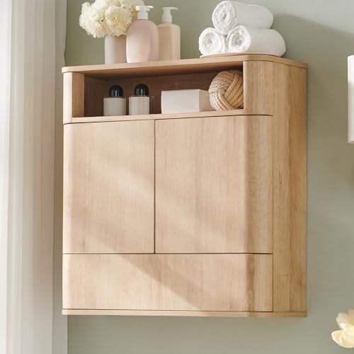 ACCOHOHO Modern Minimalist Bathroom Medicine Cabinet with Adjustable Shelf, Sliding Drawer and Magnetic Push Latch, Above Toilet Wall Mounted Hanging Storage Cabinet, Natural Oak