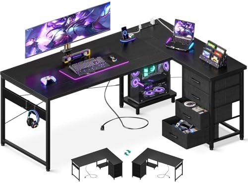 AODK L Shaped Gaming Desk with 4 Drawers, 61" Reversible Home Office Desks with Power Outlets, L Shaped Computer Desk with USB Charging Port and Host Stand, Corner Desk, Easy to Assemble, Black