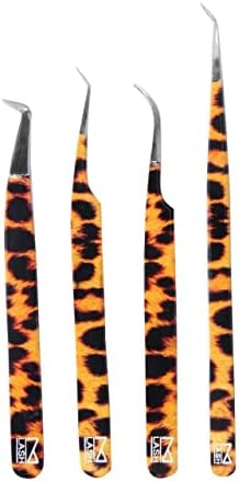 M LASH Tweezers for Eyelash Extensions (Set of 4) - Professional Lash Extension Tweezers - Fiber Tip, Japanese Steel, Diamond Grip Eyelash Extension Tweezer (Leopard)