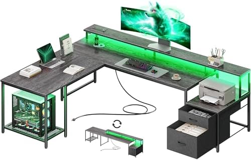 PRAISUN 66 Inch L Shaped Computer Desk with Power Outlets and LED Lights, Home Office Desk with Fabric Drawers and Print Stand, L Shape or Long Set up, Monitor Stand, Mesh CPU Stand, Grey
