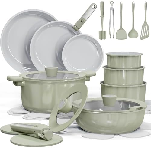 CAROTE 27pcs Ceramic Cookware Set Nonstick, Pots and Pans Set Non stick, Non Toxic Cookware, Dishwasher/Oven Safe, RV/Camping Cookware Set, Pan and Pot with Kitchen Utensils, Green