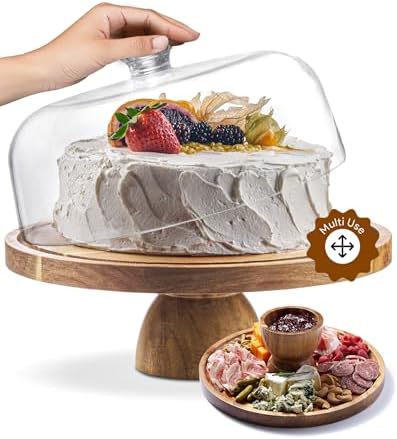 Acacia Wood Cake Stand with Lid - 12in Round Cake Holder, 2-in-1 Dessert Table Display Set & Charcuterie Board for Cheese, Chips & Dips, Nachos, Fruit Platter, Large Acrylic Cake Dome Cover