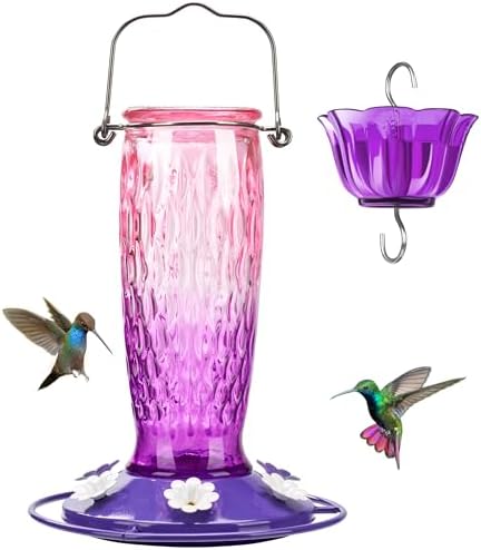 Kingsyard Hummingbird Feeders for Outdoors Hanging, 24 Ounce, Glass Hummingbird Feeder with Ant Moat & 6 Bee Guard Feeding Ports, Leak-Proof, Pink & Purple