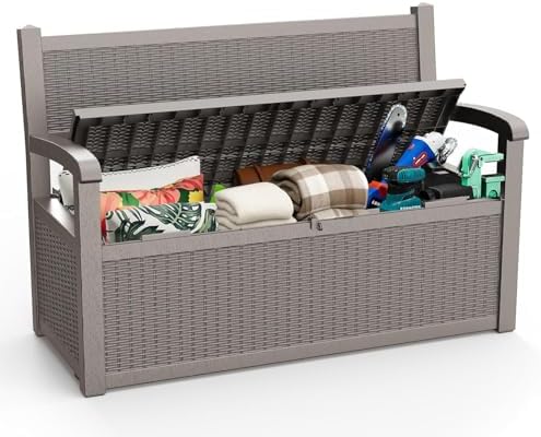 ROJIK 80 Gallon Storage Bench Deck Box Outdoor with Armrests,Storage Furniture Waterproof Lockable for Porch Patio and Garden (Grey)