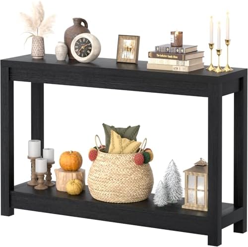 47" Farmhouse Wood Entryway Table Narrow Console Table with Storage Behind Couch Sofa Table with Shelves for Entry Way with Open Storage, Easy Assembly, Embossed Wood Grain Black