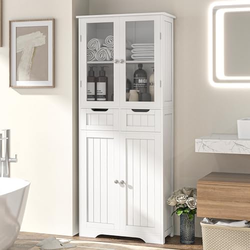 67" Tall White Bathroom Cabinet Storage Cabinet, Freestanding Storage Cabinet with Glass Door and Adjustable Shelves, Bathroom Cabinet for Living Room, Kitchen, Dining, White