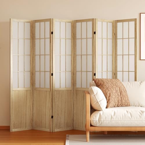 Room Divider, 66.9Inch Tall Japanese Shoji Style Folding Wood Screen with Double Hinges for Home Office Bedroom Hotel Decoration (6Panels, Natural)