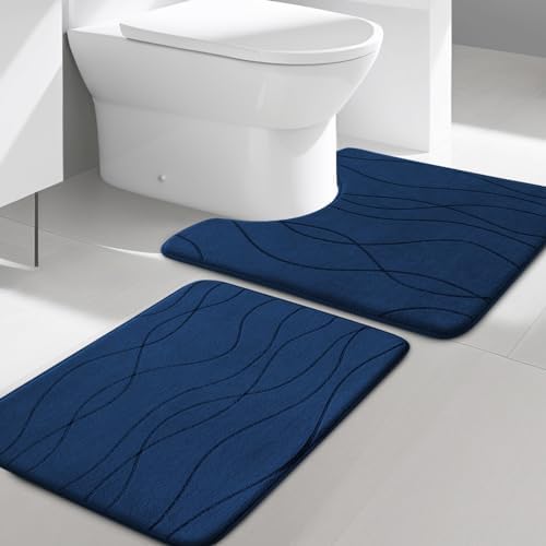 YIHOUSE Memory Foam Blue Bathroom Rug Sets 2 Piece, Ultra Absorbent Bath Mat for Bathroom - Non-Slip Machine Washable & Dry Quickly, 2 Piece Bathroom Mat Set, Navy Blue