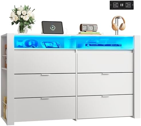 WLIVE 6 Drawer Led Dresser for Bedroom, 50.79'' White Wood Dresser Storage Organizer with Power Outlets for 55'' TV, Dressers with Open Shelves, Hanging Rack, Chest of Drawers for Closet, Living Room