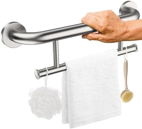 Brushed Nickel Grab Bar 17 Inch w/Towel Holder, iHansee Stainless Steel Shower Towel Bar Bathroom Balanced Support Handle, Wall Mount Safety Handrail Grab Rail for Elderly Senior Handicap Disabled