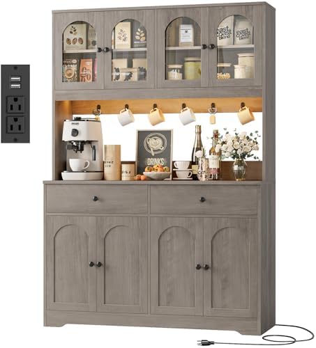 HIFIT 71" LED Kitchen Pantry Cabinet with Power Outlet, Large Kitchen Hutch Storage Cabinet with Arched Door, Shelves, 2 Drawer, Tall Farmhouse Coffee Bar w/Hutch for Home Dining Living Room, Ash Grey