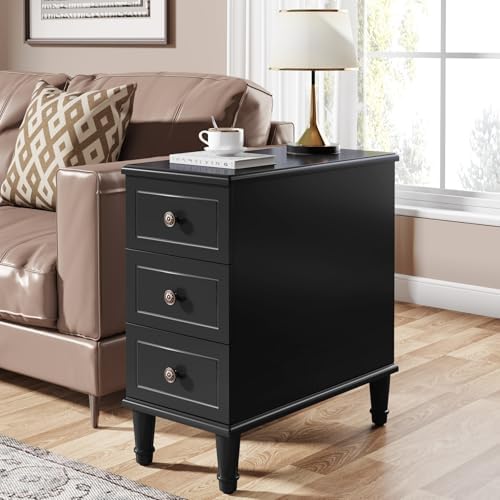 Tribesigns Solid Wood End Table, Fully Assembled Narrow Side Table with Drawers, Pre-Assembled Nightstand Slim Bedside Table for Small Spaces, Living Room, Bedroom, Black