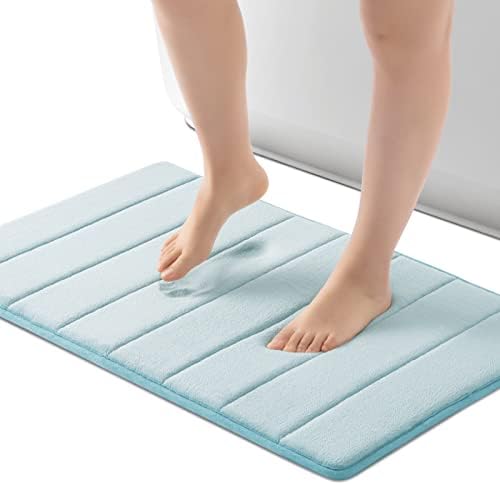 ROSMARUS Memory Foam Bath Mat 17' x 24', Water Absorbent Shower Mat, Thick Non Slip Bath Rugs with PVC Backing, Ultra Soft Bathroom Rugs for Floor & Tub, Aqua Blue
