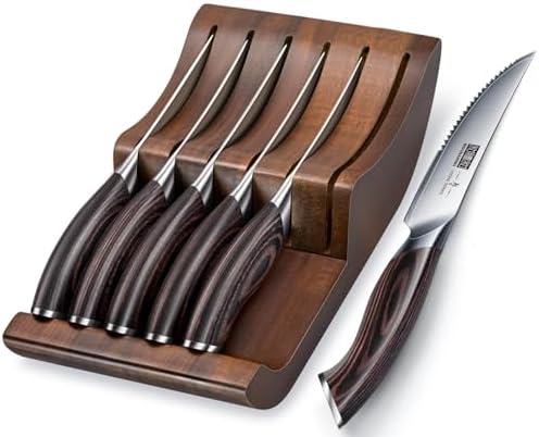 HOSHANHO Steak Knives Set of 7, 4.5 Inch Serrated Steak Knife Set with Block, Japanese High Carbon Steel Kitchen Steak Knives with Ergonomic Handle