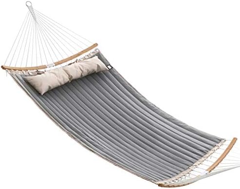 SONGMICS Hammock, Quilted Hammock with Curved Bamboo Spreaders, Pillow, 78.7 x 55.1 Inches, Portable Padded Hammock Holds up to 495 lb, Gray and Beige UGDC34CG