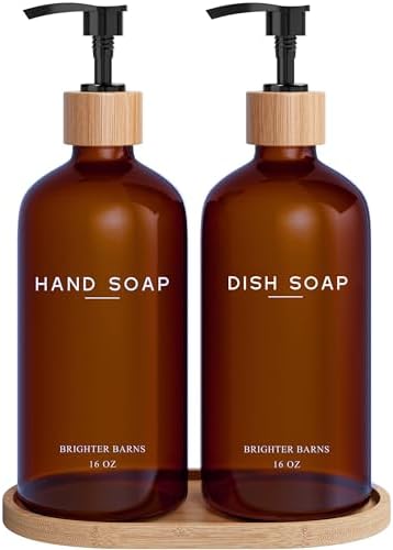 Amber Glass Hand and Dish Soap Dispenser Set by Brighter Barns - Kitchen Soap Dispenser Set with Tray - Bamboo Pump Bottles for Kitchen Sink - Modern Home Decor, Neutral Decor for Airbnb, Gift (Amber)